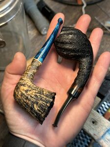 A sandblasted Dublin and a spiral-carved bent egg. Image courtesy Sean Reum.