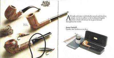 Page 7/8 - Three ungraded "Fishing" style pipes, with lanyard rings on the silver. The James Upshall logo on these is not boxed. And appropriately two salmon flies. One pipe in a presentation case and curiously, a bottle of James Upshall snuff. I've never seen a presentation cased James Upshall on ebay, etc.