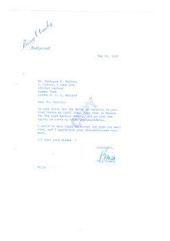 1962 Letter, From Bing to Montague Barling, Courtesy Peter Ashton